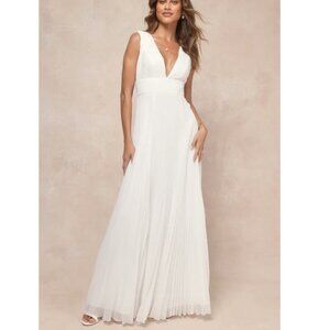 Lulus Gorgeous Forever Ivory Chiffon Lace Pleated Backless Maxi Dress XS NWOT